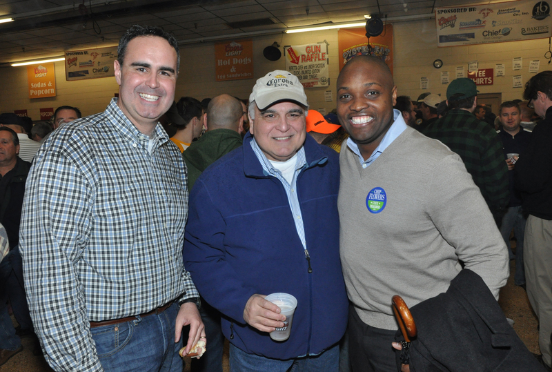 The 76th annual Georgetown Oyster Eat was held at the Georgetown Fire Company Feb. 22, drawing nearly 1,000 people, mostly men, for oysters, beer and fun. Shown are (l-r) Sen. Ernie Lopez, R-Lewes; Luis Lopez, Ernie's father; and Chip Flowers, state treasurer. BY NICK ROTH