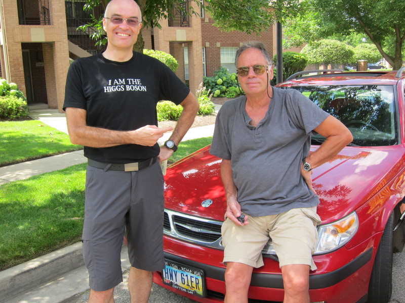 Eric and Phil, and their provocative T-shirt and license tag, in downtown Dayton.