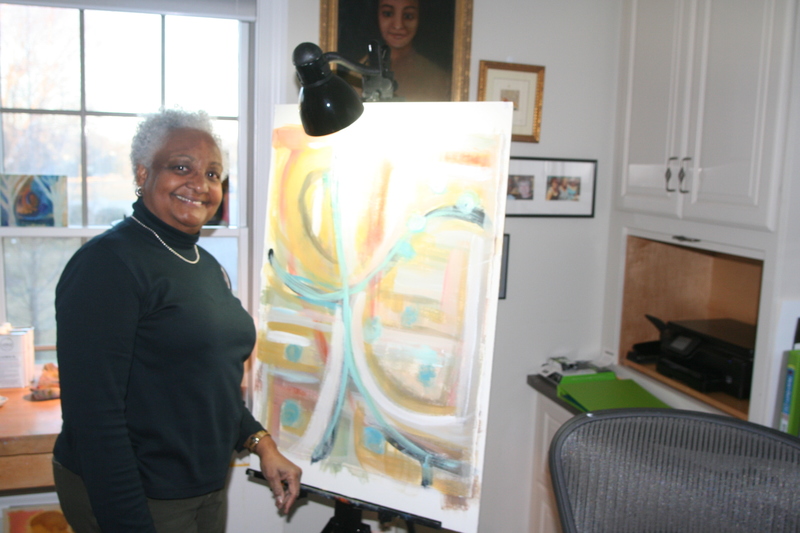 Olaive Jones in her Lewes-area home studio with one of her untitled abstract pieces. Jones and her husband also collect art and own pieces by American, Italian and Haitian painters, among others. BY HENRY J. EVANS JR.
