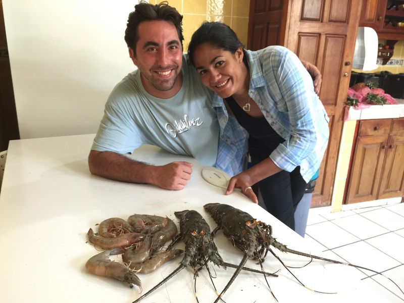Jocelyn and Jean-Phillipe, our hosts at Hotel Casa Pochomil tracked down beautiful lobsters and shrimp for dinner tonight. BY DENNIS FORNEY