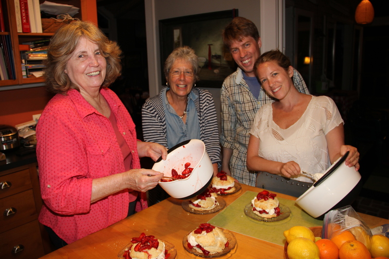 My sister Gerry joined us for the celebration and helped us construct these impressive shortcakes. Bisquick with some sugar, whipped cream with some vanilla, lots of juicy strawberries. How can you beat that? Meredith, her husband, Rob, and Becky agreed.