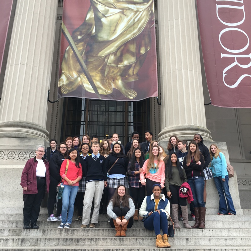 St. Thomas More Academy students and teachers pose on the steps of Franklin Institute in Philadelphia. SOURCE SUBMITTED