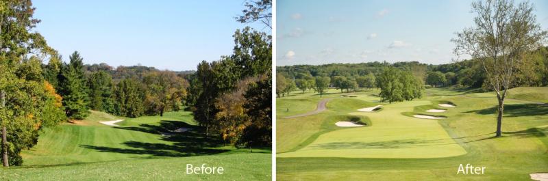 Shown left is view of a hole at Moraine Country Club in Dayton, Ohio, from 2006. At that time, the hole is dominated by the trees on each side and behind the green. On the right is a view of the same hole in May 2016 after it was restored to the original design by Keith Foster, a well-known golf course architect. SUBMITTED PHOTOS