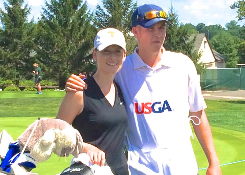 Shannon Brooks, left, of Vienna, Va., after her winning Round of 64 match in the 2016 U.S. Women’s Amateur at Rolling Green Golf Club, Springfield, Pa. With her is Quinn Dolan, her caddie for the championship. FRITZ SCHRANCK PHOTO