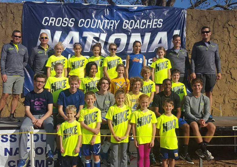 The Seashore Striders team gathers for a team photograph at the national championships in Evansville, Ind. In back are (l-r) coach Dan MacElrevey, coach Rick Hundley, Devin Hundley, Mia Nuebling, Emma Barthelmess, Katie Kuhlman, Helena Helou, Brooke Jones, coach Tim Bamforth and coach Derek Shockro. In middle are Ben Bamforth, Emily Trout, Austen Cave, Raphael Perez-Rivera, Greg Boyce, Lainey Shockro, Albert Norman, Luke Burton, Jay Hinds, Brayden Trout and Conner Morrow. In front are Chris Friscia, Justin Friscia, Faith Mitchell, Allaire Burton and Matthew Friscia. Missing are Stephen Hart and Aiden Bowman. SUBMITTED PHOTO