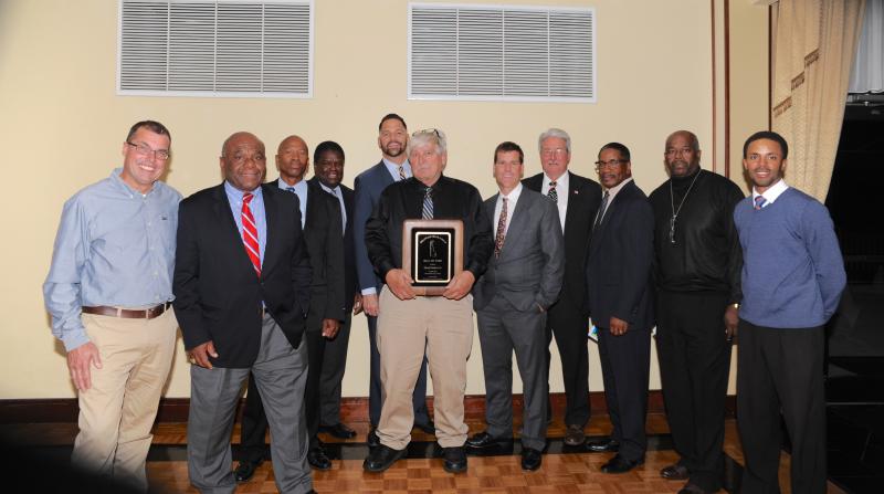 The Delaware Track and Field Hall of Fame induction banquet was held Nov. 22. Shown are (l-r) Darren Purcell, Bill Collick, Chico Beckett, Henry White, Rodney Smith, Dave “Fredman” Frederick, Tim Bamforth, George Pepper, Gilbert Maull, Vaughn Trammel and Kai Maull. SUSAN FREDERICK PHOTO