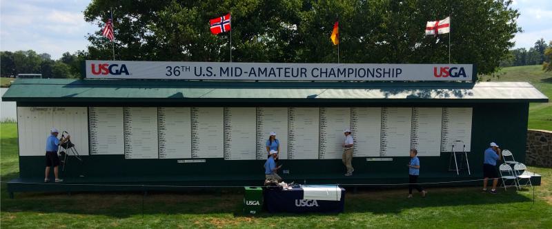 The massive scoreboard for the 2016 U.S. Mid-Amateur Championship, held at Stonewall Golf Club in Elverson, Pa., Sept. 10-15. FRITZ SCHRANCK PHOTO