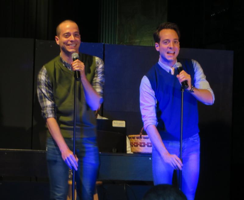 During the Sussex County debut of they variety show in June, Paul, left, and Robbie Rescigno show old friends what they’ve been up to in New York. (MOLLY MACMILLAN PHOTO)
