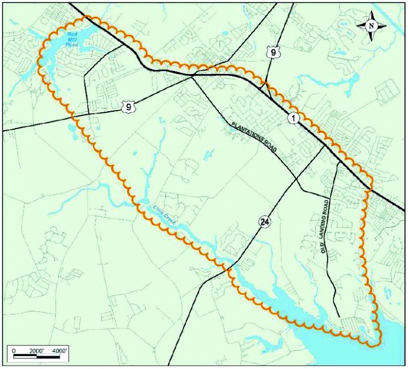 This map shows the area being studied as part of plans to improve traffic flow now and in the future for the Five Points area. The actual Five Points intersection is where Route 1, Route 9 and Plantation Road converge.