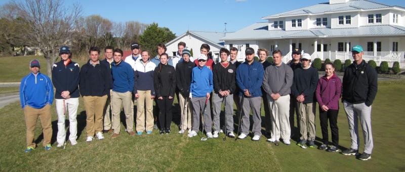 The 2017 Cape Henlopen High School golf team poses on its first day of practice. In back are (l-r) Brandon Mays-Harp, Dane Palmer, Luke Mulcahy, Kyle Monigle, Saxon Kalb, Cole Quillen, Brett Townsend and Ryan Bachman. In front are head coach Chris Krueger, Matt Zehner, Nolan Brown, Zachary MacFarland, Maddy McGreevy, Alyssa Whaley, Reed Jones, Michael Bollig, James Fleegle, Jayson Saldana, Anthony Koot, Ben Skelley, Abby Bucklin and assistant coach George Bushby. Not pictured: Assistant coach Samantha Purple. FRITZ SCHRANCK PHOTO