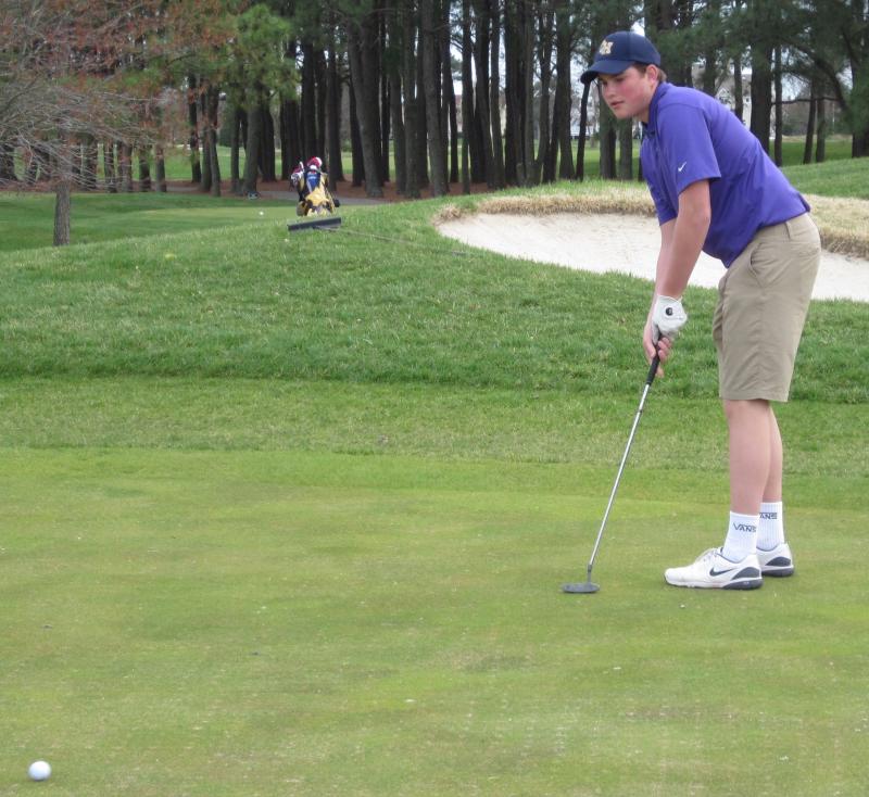 Kyle Monigle made this birdie putt on the eighth hole, helping his Cape golf team defeat the Dover High Senators April 5 at Rehoboth Beach Country Club. FRITZ SCHRANCK PHOTO