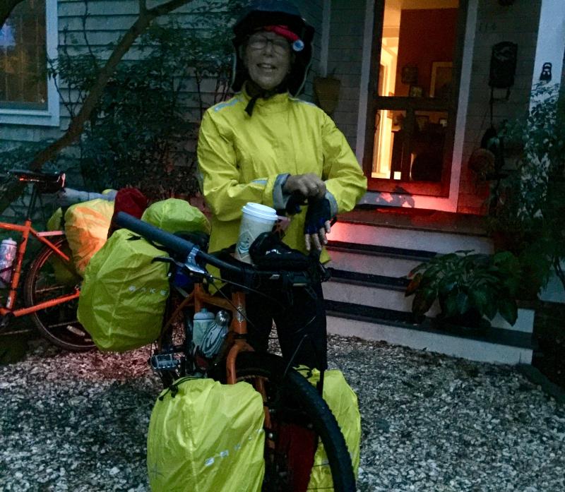It was dark and rainy when we left Saturday morning. Loaded the bicycles and left our house behind for a couple of months. Becky had on all her rain gear except rain pants.