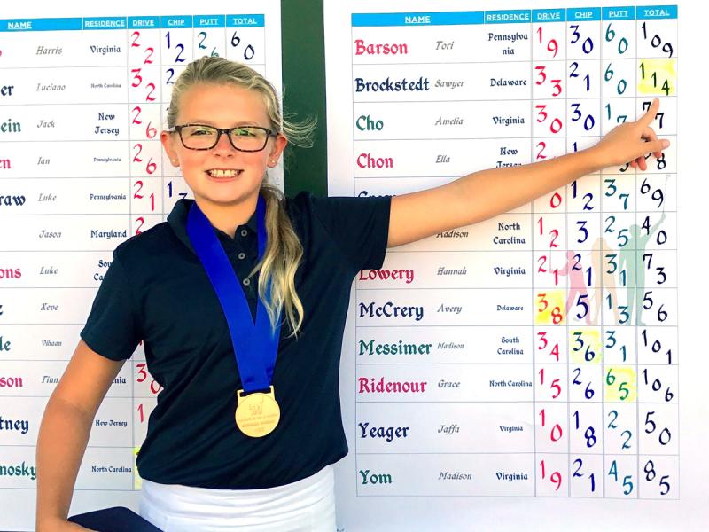 Sawyer Brockstedt points to her winning score in the Girls 10-11 category in the Sept. 3 Regional Qualifier for the Drive, Chip and Putt Championship. Her victory at Pinehurst No. 2 means she will travel to Augusta National Golf Club for the April 1, 2018 finals. KELLY BROCKSTEDT PHOTO