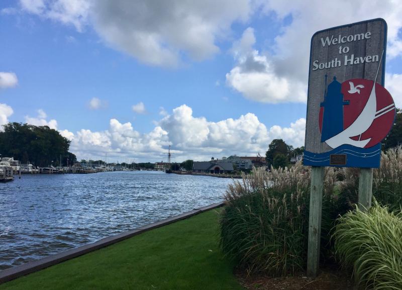 Boaters entering the Black River Inlet from Lake Michigan see this welcome sign as they head toward the harbor in South Haven, Michigan. DENNIS FORNEY PHOTOS