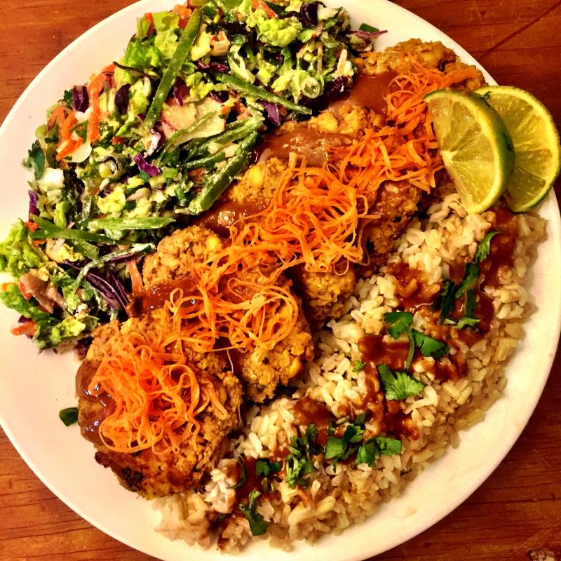 Rainbow Slaw, Sweet Peanut Burgers, Brown Rice for Lunch