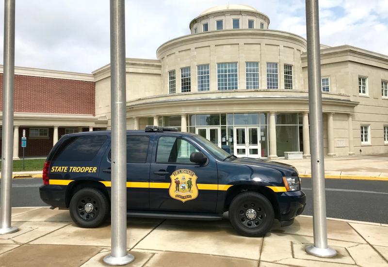 A Delaware State Police school resource officer’s SUV, parked prominently in front of the main entrance to Cape Henlopen High School, provides a measure of security for students, visitors and staff. DENNIS FORNEY PHOTO