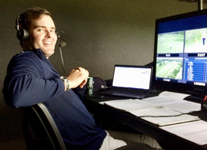 Tom Abbott, a broadcaster with The Golf Channel, at his work station during LPGA Tournaments. FRITZ SCHRANCK PHOTOS