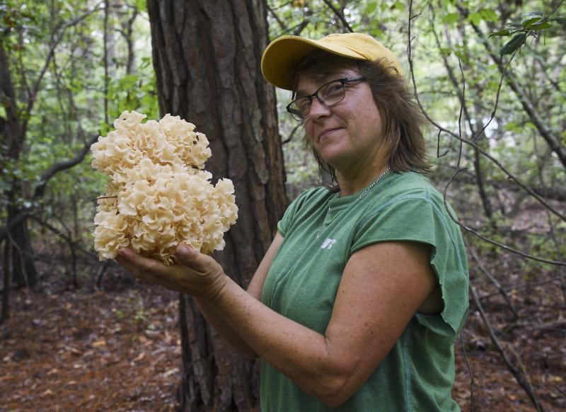 Diana Saunders holds the prize of the day, a cauliflower mushroom. DENY HOWETH PHOTOS