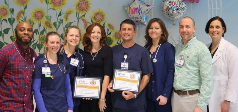Sherry Williams-Fried celebrates the excellent care she received from Beebe nurses. Shown are (l-r) Henry Brisco, Emily Jeandell, Julia Wisler, Williams-Fried, Trent Collins, Chrissy Hanna, Chris Henion and Nurse Manager Tara Cooper. SUBMITTED PHOTO