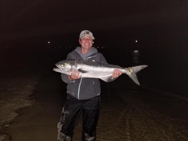 Julie Stevenson with one of several big blues she and Alicen Sharp caught from the beach. SUBMITTED PHOTO