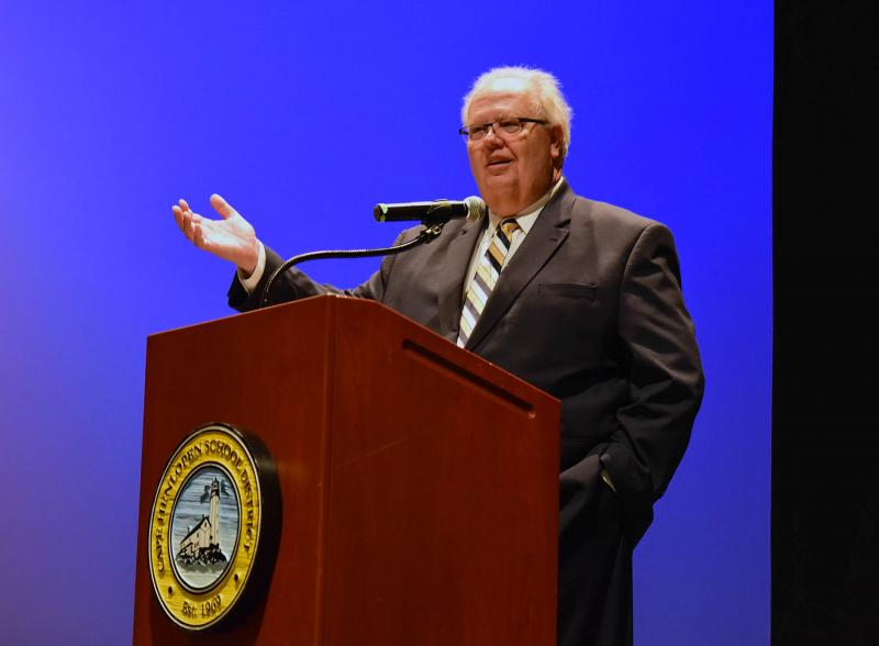 Pastor Earle Baker of Bethel United Methodist Church addresses the students during the senior services June 3.
