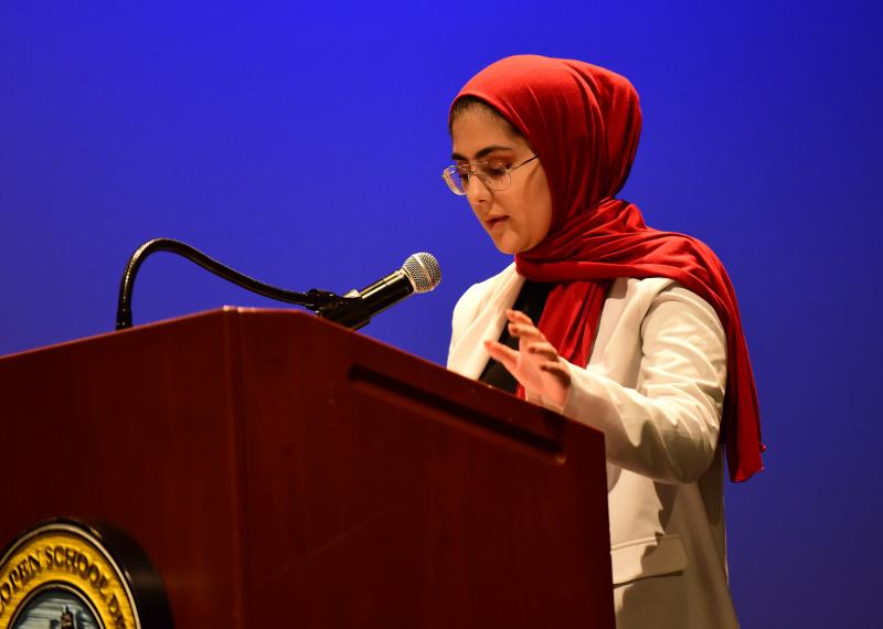 Haneen Azem gives her speech during the senior services.