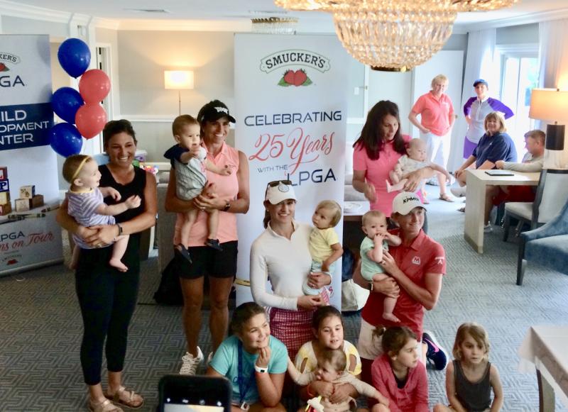 LPGA staff and players with their children at the recent celebration of the 25-year support given by Smucker’s to the LPGA child care program. The celebration took place at the Seaview Resort, home of the ShopRite LPGA Classic. FRITZ SCHRANCK PHOTO
