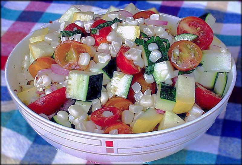 Corn, squash, and tomato salad with lavender vinaigrette. JACK CLEMONS PHOTO
