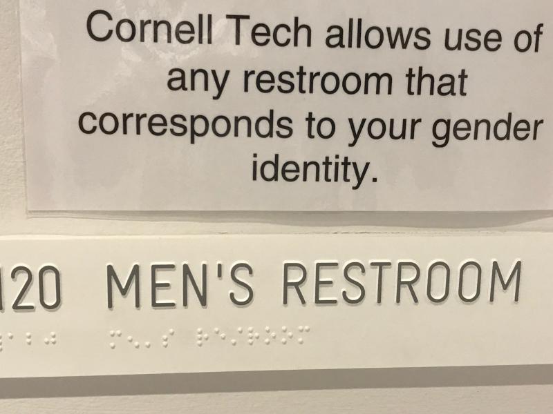 Cornell Tech has an ultra contemporary - 2017 - academic facility on Roosevelt Island in New York City. We stopped in for a restroom break and a bottle of cold sparkling water on our way to visit the Four Freedoms Park. The sign on the restroom door caught my attention. DENNIS FORNEY PHOTOS