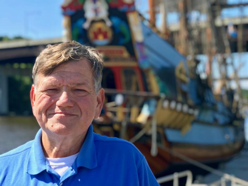 Kalmar Nyckel helmsman Ed Rush with the vessel in downtown Kingston, New York. “We truly, truly regret not being able to come to Lewes.” DENNIS FORNEY PHOTOS