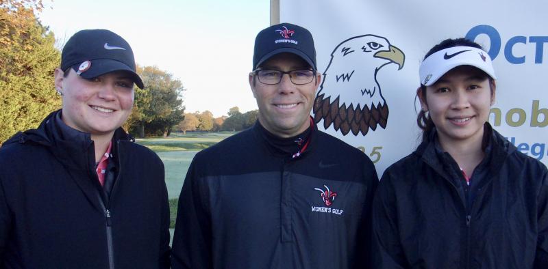 Delaware State University had two women in this year’s Blue Hen Invitational held at Rehoboth Beach CC Oct. 19-20. Shown are (l-r) Erin Kopinak, head coach Rick McCall Jr., and Nattavadee (Baipor) Khunsri, who won the UMES Invitational Oct. 15-16 at Ocean City Golf Club. FRITZ SCHRANCK PHOTO