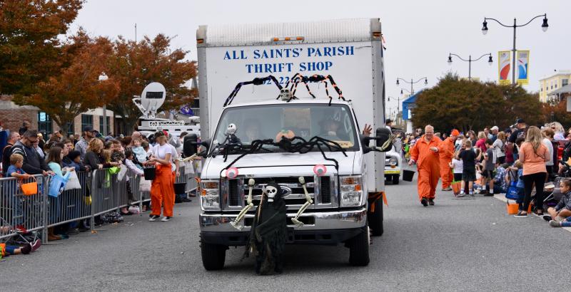 All Saints’ Parish Thrift Store’s truck is decked out in Halloween decorations with “inmates” handing out candy. RON MACARTHUR PHOTO