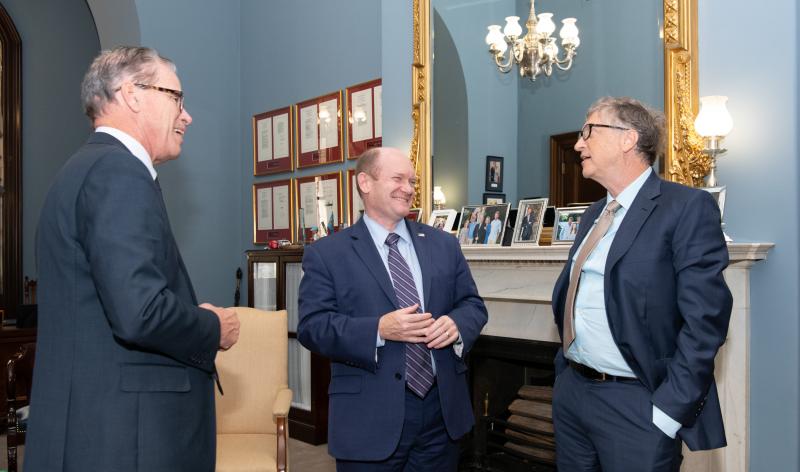 Shown at the Nov. 7 meeting are (l-r) Indiana US Sen. Mike Braun, Delaware US Sen. Chris Coons, and Microsoft Chairman Bill Gates. SEN. COONS OFFICE PHOTO