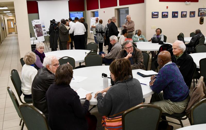 People attending a Feb. 24 workshop provide comments on possible uses for the Nassau School building.