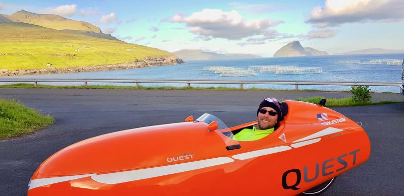 John Duffy stops for a photo in Sandavágur on the island of Vágar in the Faroe Islands.