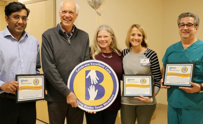 Richard and Rebecca Mais recently made a personal donation to celebrate the excellent care Richard received at Beebe. Shown are (l-r) Dr. Ramakrishna Tatineni, Richard and Rebecca Mais, Kristin Cordrey, PA, and Dr. Harry Anagnostakos. SUBMITTED PHOTO