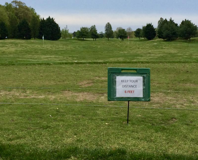 This and similar signs at The Rookery South’s practice range is a small part of the course operators’ pandemic response. FRITZ SCHRANCK PHOTO