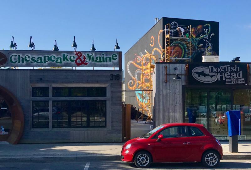 Evolving mural at Dogfish Head on Rehoboth Avenue.