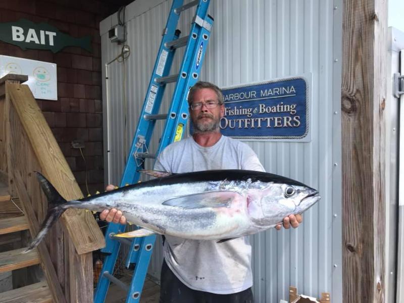 Chauncey Parsons was aboard the Wild Goose with a crew from Angler's Marina when he caught this 42-pound yellowfin tuna. PHOTO COURTESY OF LEWES HARBOUR MARINA