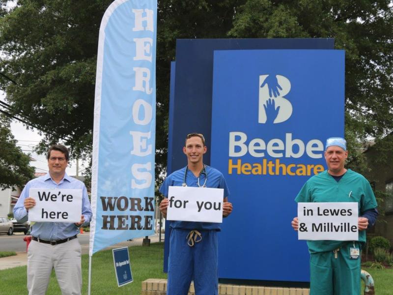 Dr. Kevin Bristowe, Logan Mathews and Andy Fitzkee celebrate providing excellent care to Beebe patients at Beebe Emergency Departments in Lewes and Millville. SUBMITTED PHOTO