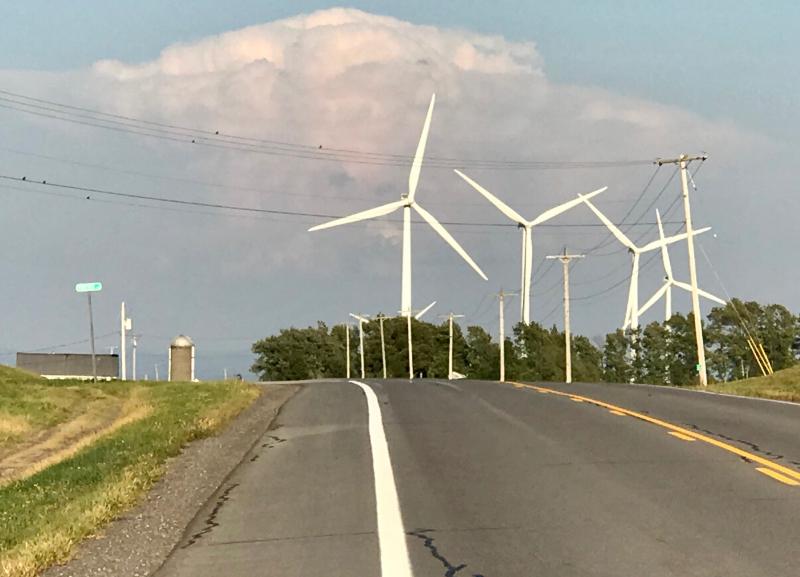 These are just a few of the hundred or more wind turbines we drove past on this rural road southeast of Sackets Harbor and just west of Watertown.