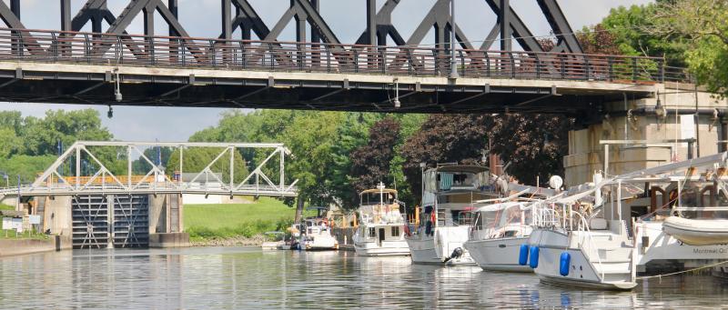 Vessels lined up along the wall in Waterford near the entrance to the Erie Canal.