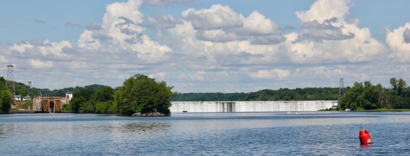 Approaching a lock and the dam and waterfalls it bypasses.