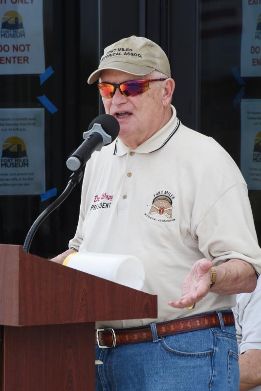 Fort Miles Historical Association President Gary Wray reads Gen. Douglas MacArthur’s V-J Day speech.