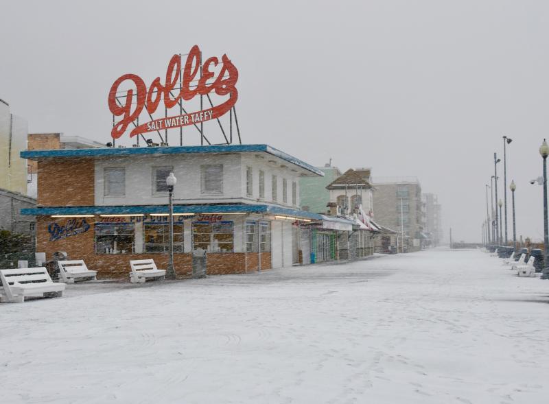Snow covers the Rehoboth Beach Boardwalk on Jan. 31, the final day of business for Dolle’s Candyland at the Rehoboth Avenue-Boardwalk location. The store will relocate to Ibach’s Candy by the Sea. RON MACARTHUR PHOTOS