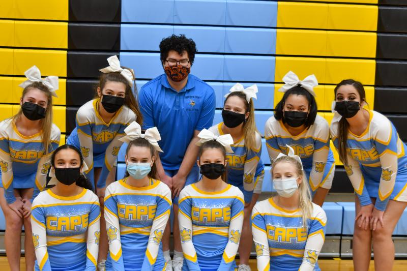 Cape’s wrestling cheerleaders. Shown in back are (l-r) Emily Groll, Sara Coty, Jormir de la Cruz Baltazar, Mia Pennypacker, Ariana Gibbs and Rachel Travis. In front are Julia Williams, Kayla Lorah, Summer Reynolds and Lauren Pribulick.