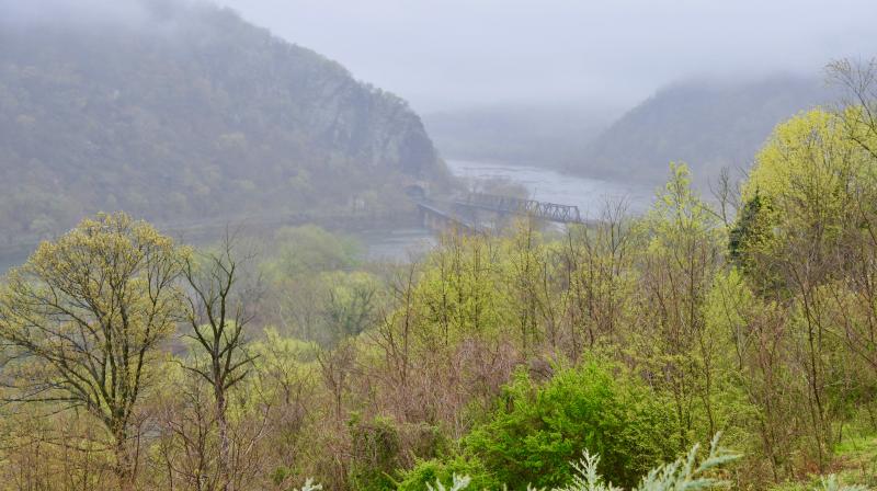 Even in the fog, the view from the hotel above Harpers Ferry is spectacular. The unique area is at the confluence of the Potomac and Shenandoah rivers, as well as West Virginia, Maryland and Virginia.