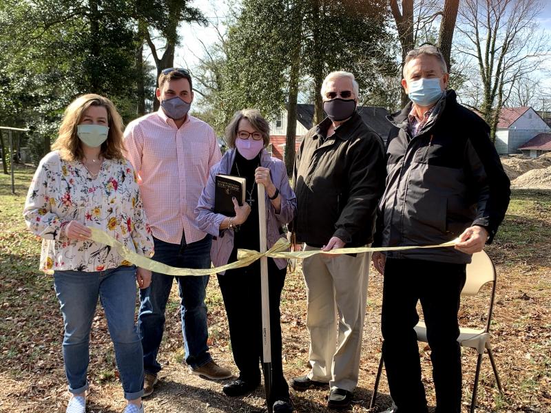 Grace United Methodist Church youth center groundbreaking attendees shown are (l-r) Cari Ossman, family life coordinator; Ethan Reichold, youth advisor; the Rev. Karin Tunnéll, pastor; and John Thoroughgood and Greg Hastings, project directors. SUBMITTED PHOTO