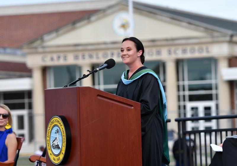 Cape Principal Nikki Miller welcomes the graduates to the commencement exercise.