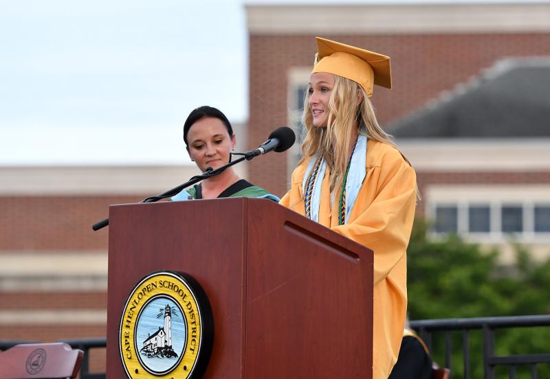 Class of 2021 Treasurer Riley Klopp presents the class gift.